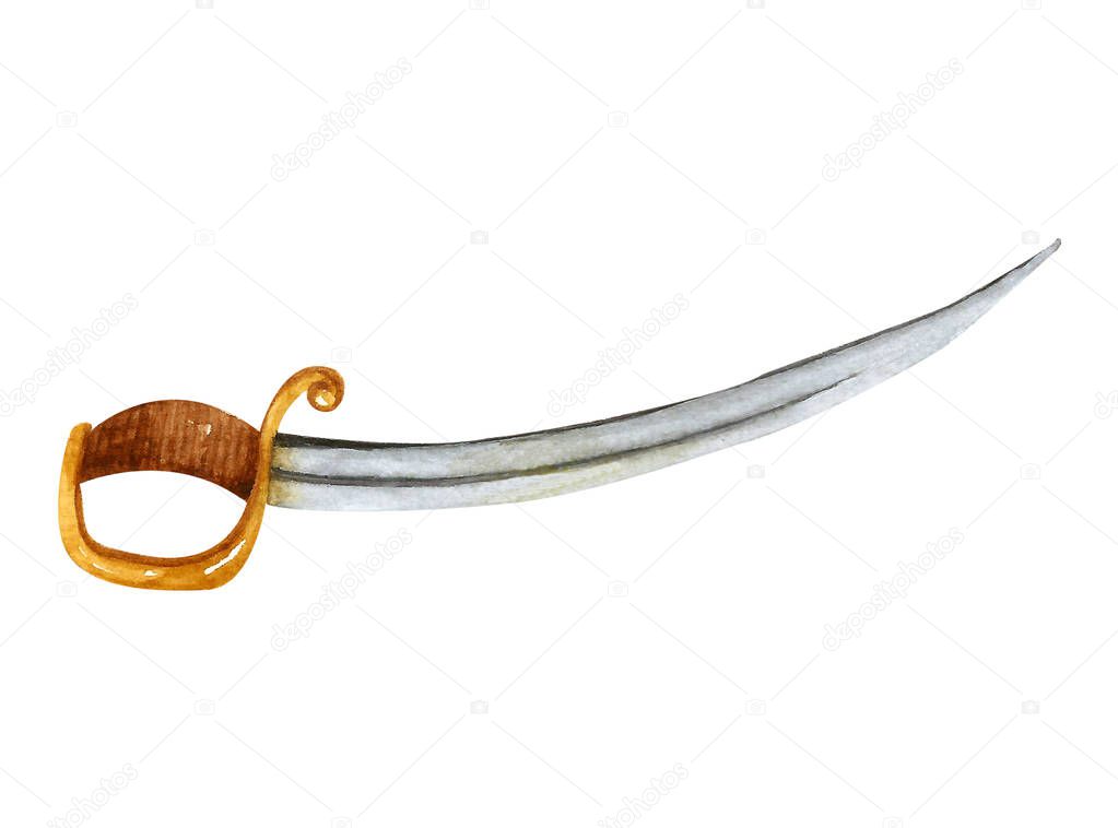 Cartoon sword. Sword isolated on a white background. Watercolor illustration.