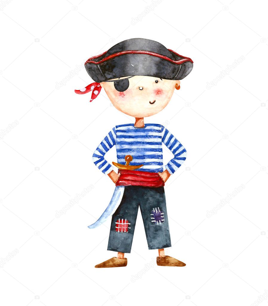 Watercolor pirate set isolated on white. Hand draw illustration.