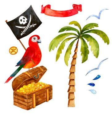 Sulu boya korsan seti beyaza izole edilmiş. El çizimi illüstrasyonu.