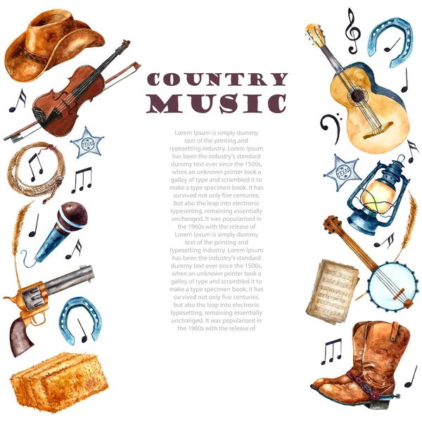 Akwarela country zestaw muzyczny. Ilustracje rysunku. — Zdjęcie stockowe