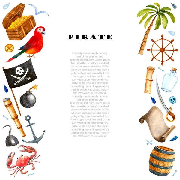 Pirata aquarela conjunto isolado em branco. Desenho à mão ilustração. — Fotografia de Stock