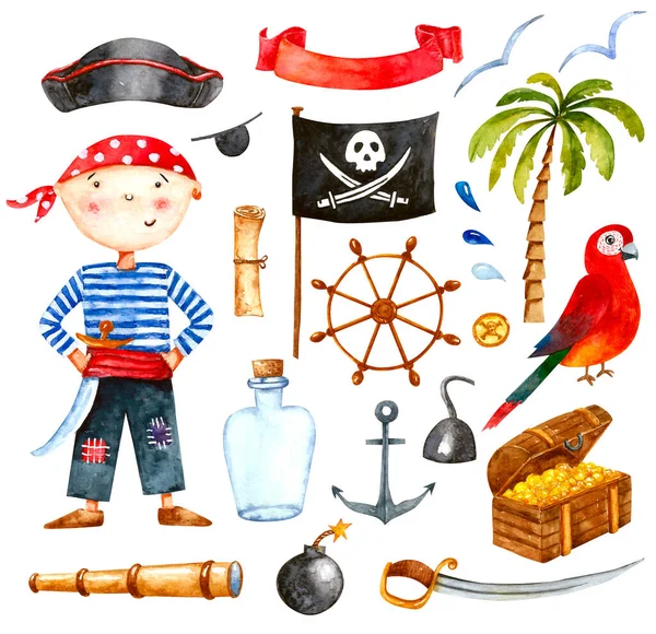Watercolor pirate set isolated on white. Hand draw illustration.