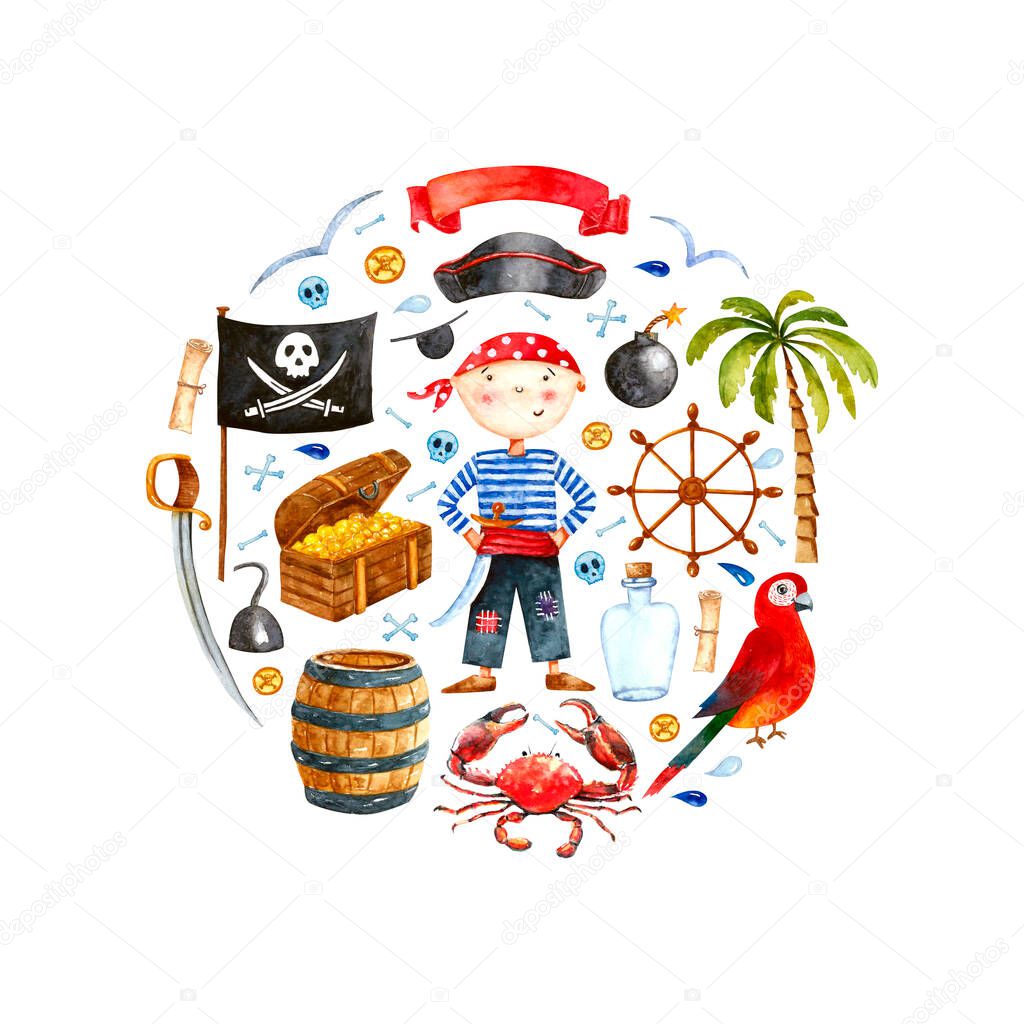 Watercolor hand drawn illustration Pirate set with boy, anchor, flag, helm, chest, telescope, parrot, palm tree isolated on white.