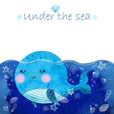 Suluboya bebek balina çizgi filmi. El çizimi illüstrasyonu.