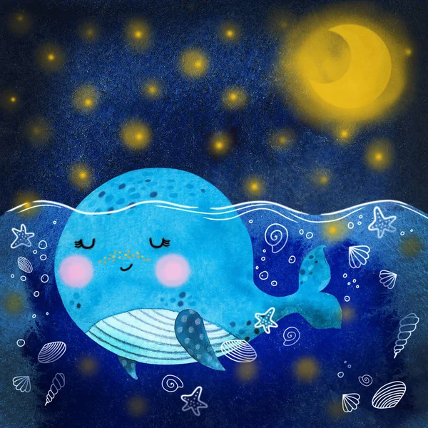 Acquerello cartone animato baby balena e luna. Illustrazione disegno a mano. — Foto Stock