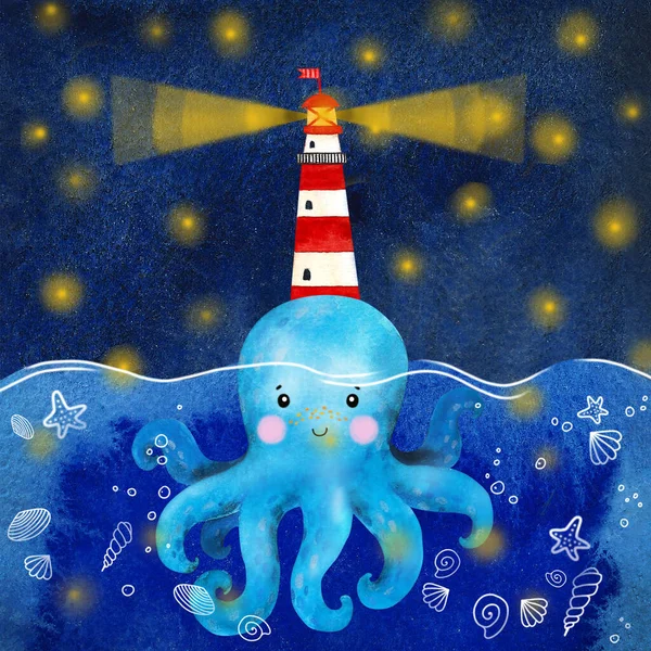 Aquarel cartoon octopus en vuurtoren. Handtekenillustraties. — Stockfoto