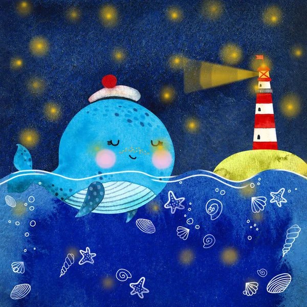 Aquarelle dessin animé bébé baleine et phare. Illustration dessin à la main. — Photo