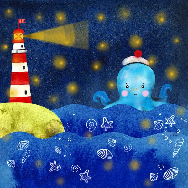 Watercolor cartoon octopus and lighthouse. Hand draw illustrations. — Stock Photo, Image