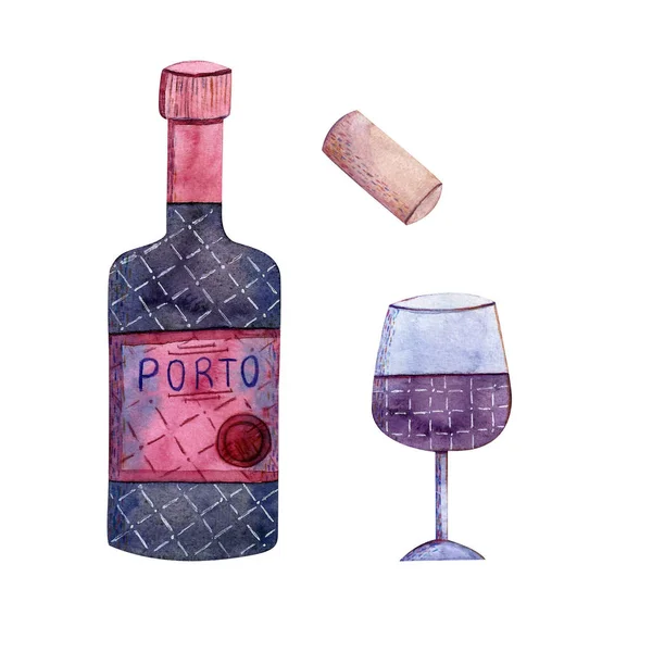 Υδατογραφία κόκκινο κρασί και ποτήρι. Χειροποίητες εικόνες. — Φωτογραφία Αρχείου