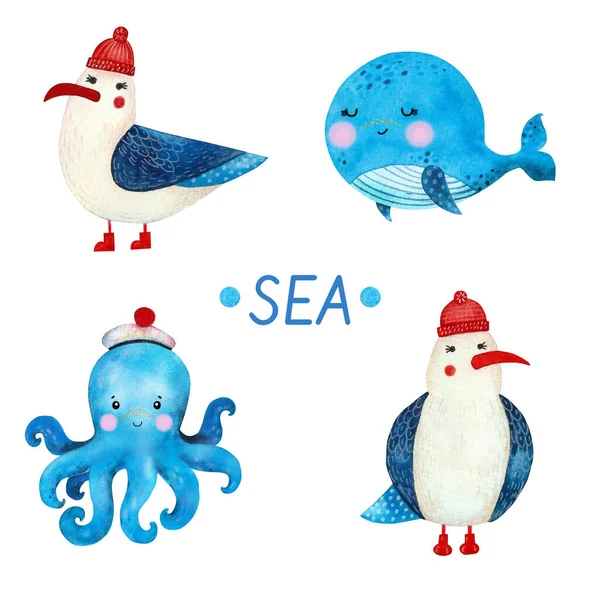 Watercolor cartoon sea set. Hand draw illustrations. — Stock Photo, Image