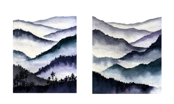 Cat tinta lanskap biru dengan titik tinta. Ilustrasi tinta pegunungan biru. Stok Gambar Bebas Royalti