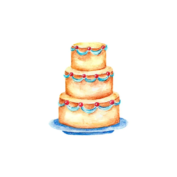 ケーキ付き水彩カード。手描きイラスト. — ストック写真