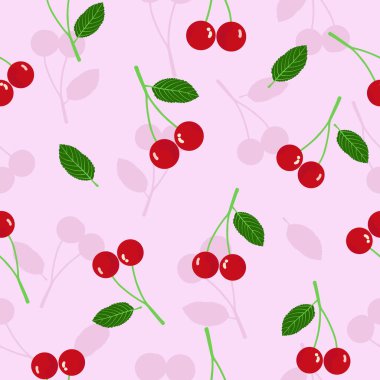 Bahar mevsiminde bahar mevsiminde kumaş, tekstil, kağıt, sabitleme, giysi, kimono, festival vb. için pembe arkaplan, hasat zamanı kırmızı kiraz ya da kiraz ve yeşil yaprakların vektörsüz deseni..