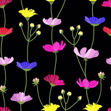 Renkli kırmızı sarı çiçekli basit çiçekli batikler yaz mevsiminde bahar bahçesinde klasik kıyafet, kumaş, tekstil, sabitlik, kimono, giysi, ev dekorasyonu, kağıt vb..