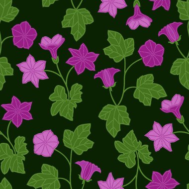 Yarı çiçekli, sade batik mor eflatun çiçekleri bahar mevsiminde yeşil yapraklı ve noktalı tropikal bahçede kumaş, tekstil, kağıt, durağan, elbise, kimono, ev dekorasyonu vb..