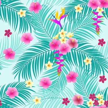 tropical leaf, plumeria, frangipani, pink hibiscus, seamless pattern.