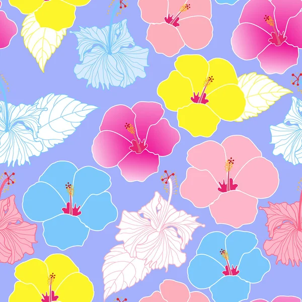 芙蓉花纹 蓝色粉红黄色芙蓉花 热带的花 奇异的花 适用于面料 纺织品 服装等 — 图库矢量图片
