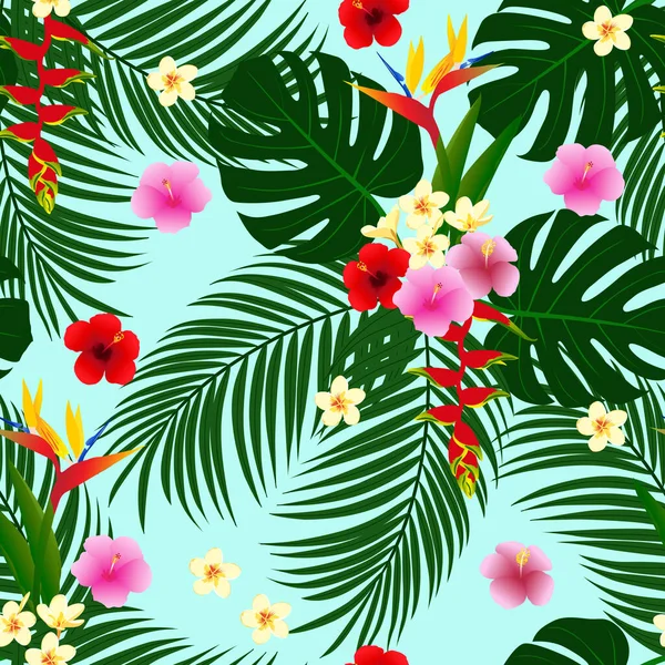 Jardín Tropical Patrón Sin Costuras Palmera Flores Hibisco Color Rosa — Vector de stock