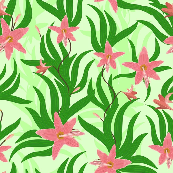 Şeftalili Zambak Deseni Tropik Pürüzsüz Desen Egzotik Çiçek Deseni Yazlık — Stok Vektör