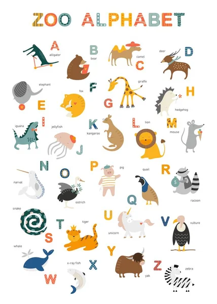 Cute English zoo alphabet for children with letters and titles. Funny pets for kids. Educational set for school and learning — Stock Vector