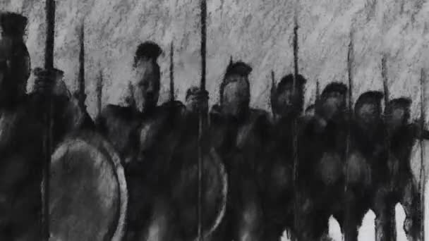Volledig Bewapende Spartaanse Krijgers Charcoal Sketch — Stockvideo