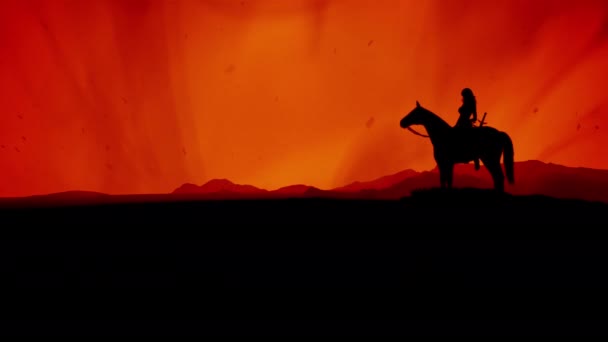 Guerriera Donna Siede Cavallo Una Terra Misteriosa — Video Stock