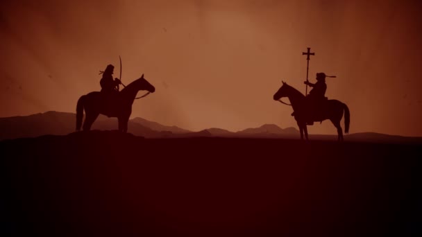 Mittelalterlicher Kreuzritter Auf Einem Pferd Und Ein Arabischer Muslimischer Krieger — Stockvideo