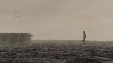 Spartalı Lider, tüm silahlı askerlerine doğru yürüyor.