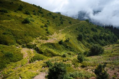 Manzaralı yeşil dağlar ve arka plan için güzel gökyüzü bulutları