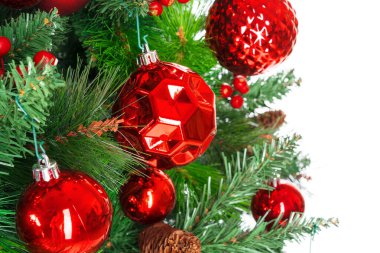 Beyaz zemin üzerinde kırmızı takılar bulunan ladin dalları