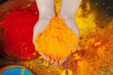 Holi pudra boyası tutan eller, yukarıdan manzara