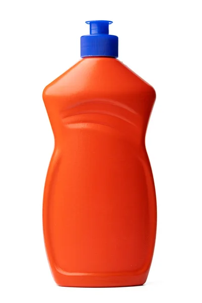 Orangefarbene Plastikflasche mit flüssigem Reinigungsmittel isoliert auf weiß — Stockfoto