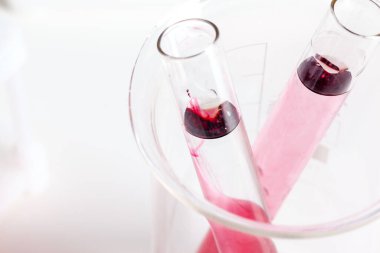 Açık gri arka plan üzerinde renk örnekleri ile test şişeleri