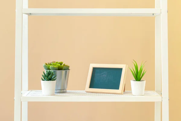 Белая книжная полка с растением в горшке на бежевом фоне — стоковое фото