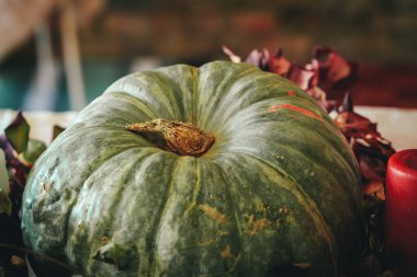 Balkabağı, mum ve sofra takımı ile sonbahar dekoru