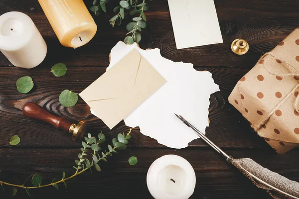 Writing Christmas post on holiday wooden decorated background — Stock Photo, Image