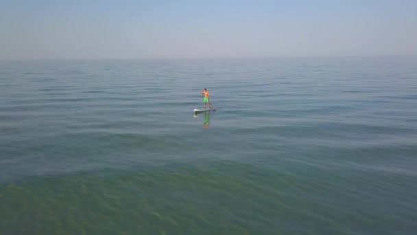 Vue aérienne par drone d'un homme pagayant sur une planche de support de soup — Video