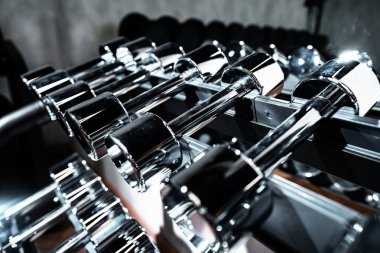 Spor salonunda vücut geliştirme için raflarda duran metal dambıllar.