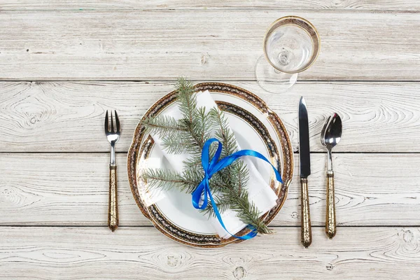 Elegante mesa de Natal rústico configuração de cima — Fotografia de Stock