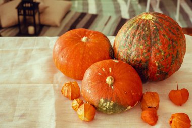 Masada keten masa örtüsüyle kaplı turuncu balkabakları.