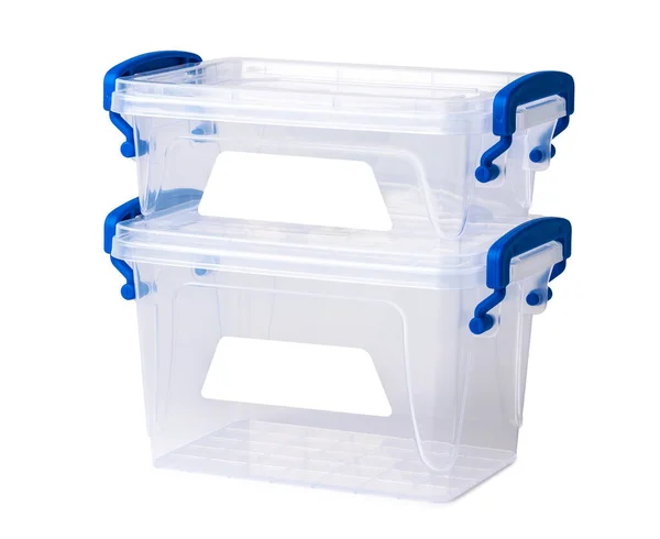 흰색 배경에 분리되어 있는 투명 한 플라스틱 상자 — 스톡 사진