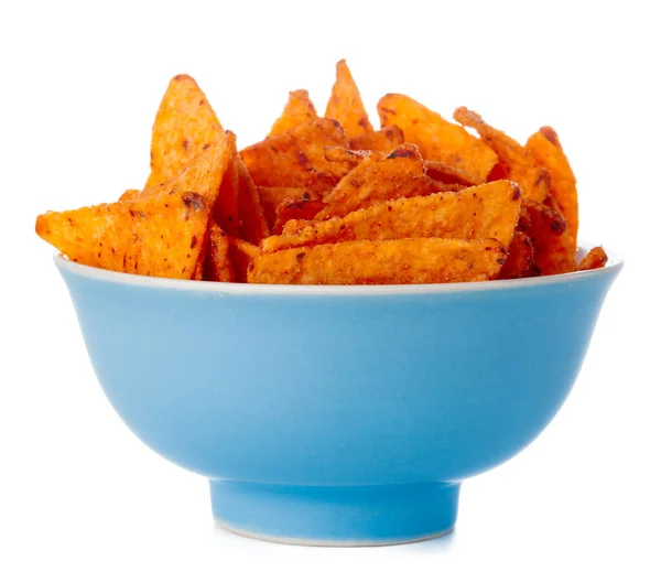 Bowl full of nachos chips isolated on white background — Stock Photo, Image