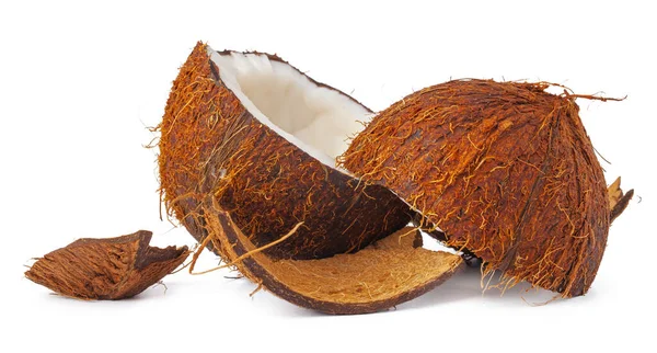 Gebarsten kokosnoot klaar om te eten, op witte achtergrond — Stockfoto
