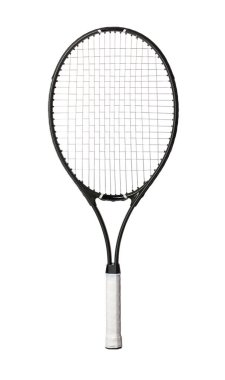 Beyaz arkaplanda siyah tenis raketi izole edildi