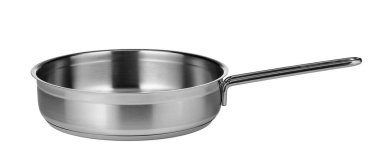 Beyaz arkaplanda paslanmaz çelik tava izole edildi