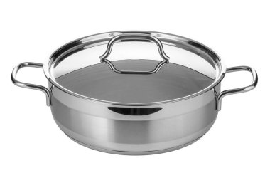 Paslanmaz çelik kap beyaz arkaplanda izole edilmiş.