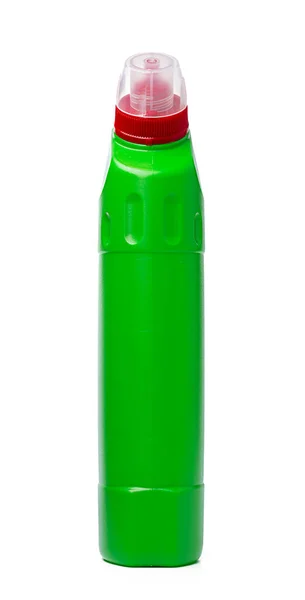 Bottiglia con detergente per servizi igienici prodotti chimici domestici isolati su bianco — Foto Stock