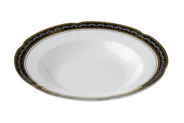 Beyaz arka planda izole edilmiş altın kenarlı beyaz seramik masa tabağı