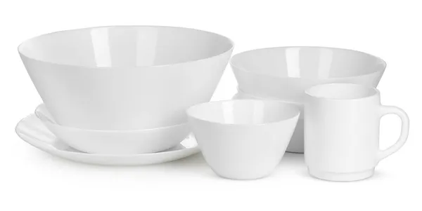 White ceramics tableware set isolated on white background — Stock Photo, Image