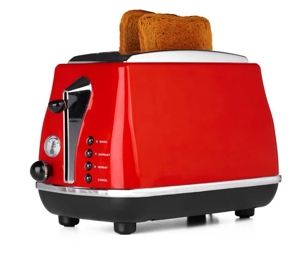 Стильний червоний тостер для хліба ізольований на білому тлі — стокове фото